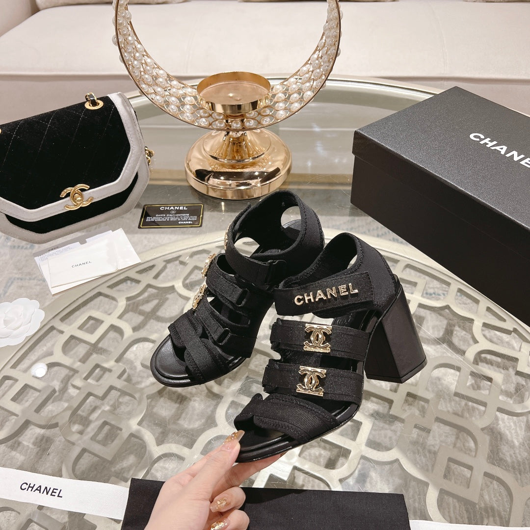 Chanel Double C Xiaoxiang Chain Fabric Head Chunky Heel Sandals Black Lambskin