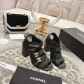 Chanel Double C Xiaoxiang Chain Fabric Head Chunky Heel Sandals Black Lambskin