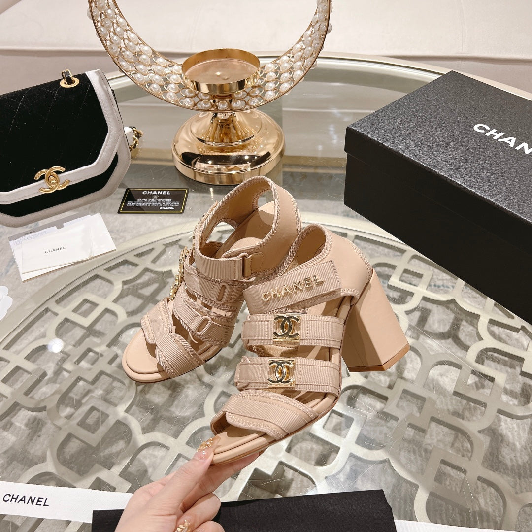 Chanel Double C Xiaoxiang Chain Fabric Head Chunky Heel Sandals Cream Lambskin