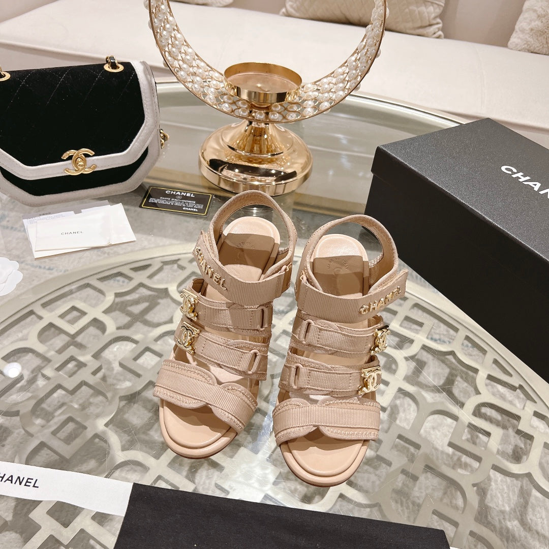 Chanel Double C Xiaoxiang Chain Fabric Head Chunky Heel Sandals Cream Lambskin