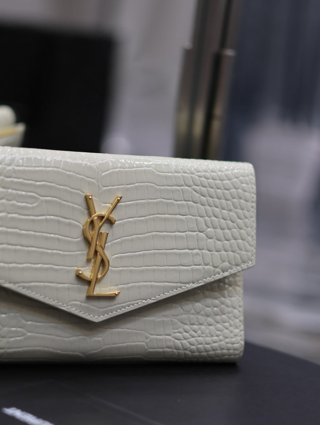 Saint Laurent Uptown Wallet 21 in White Crocodile Pattern Calfskin Gold Logo