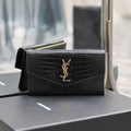 Saint Laurent Uptown Wallet 21 in Black Crocodile Pattern Calfskin Gold Logo