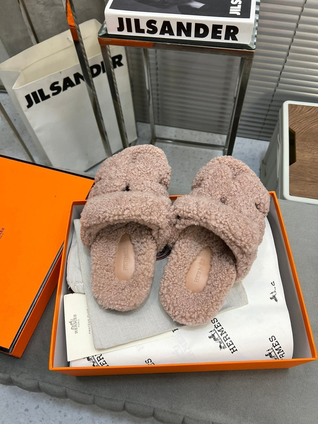 Hermes Chypre Slippers in Rosy Brown Lamb Wool