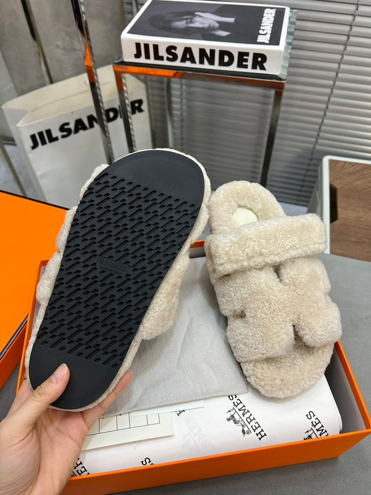 Hermes Chypre Slippers in Bisque Beige Lamb Wool