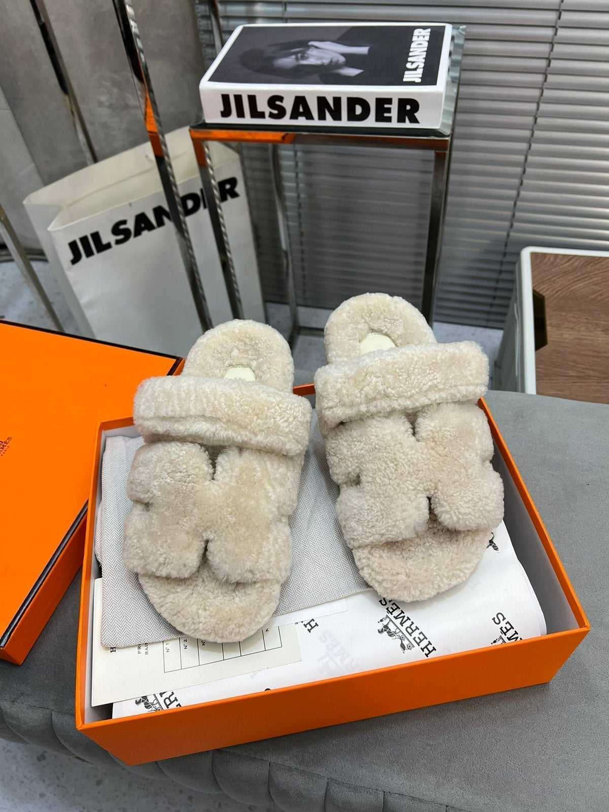 Hermes Chypre Slippers in Bisque Beige Lamb Wool