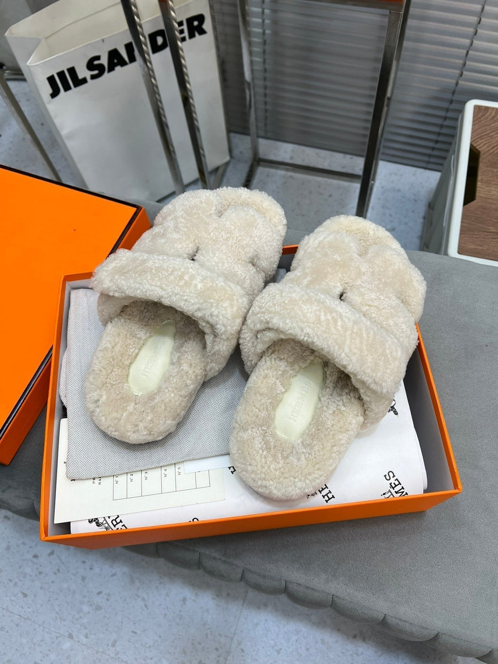Hermes Chypre Slippers in Bisque Beige Lamb Wool