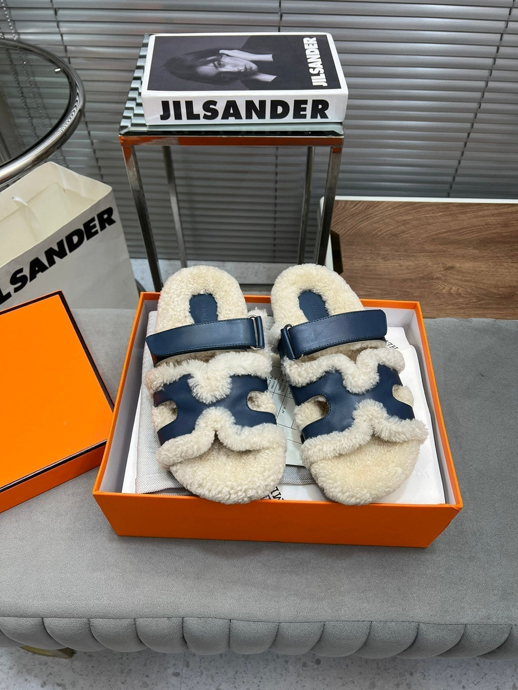 Hermes Chypre Slippers in Beige Lamb Wool and Classic Blue Calfskin