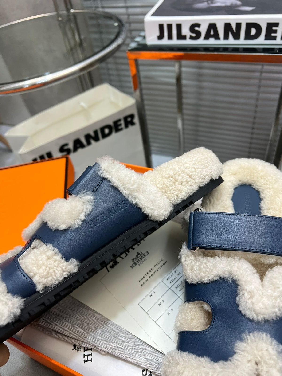 Hermes Chypre Slippers in Beige Lamb Wool and Classic Blue Calfskin