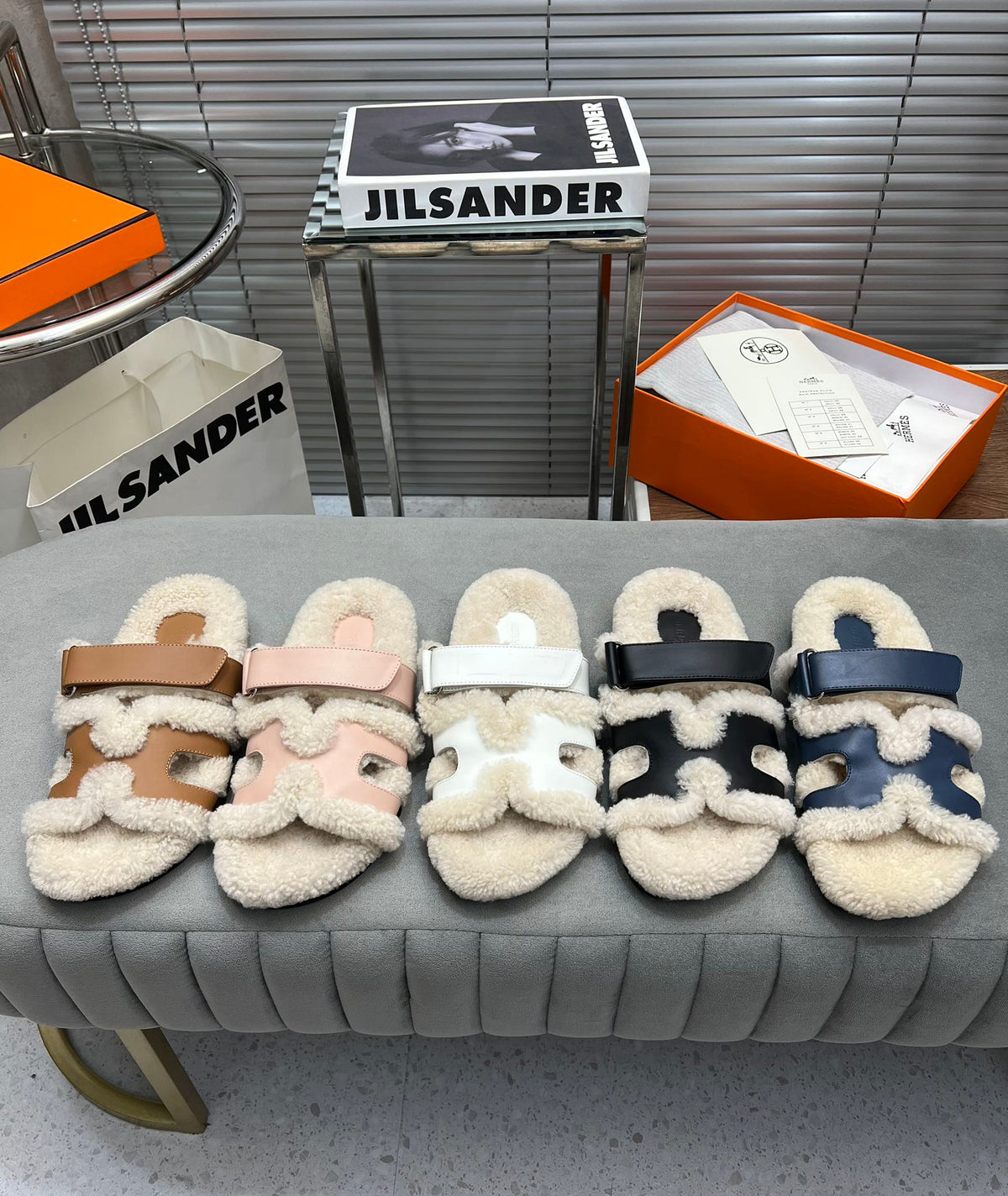 Hermes Chypre Slippers in Beige Lamb Wool and Classic Blue Calfskin