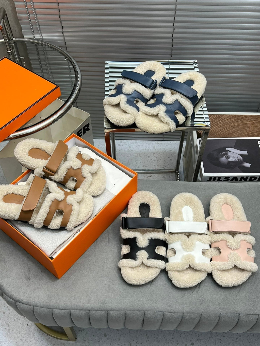 Hermes Chypre Slippers in Beige Lamb Wool and Classic Blue Calfskin