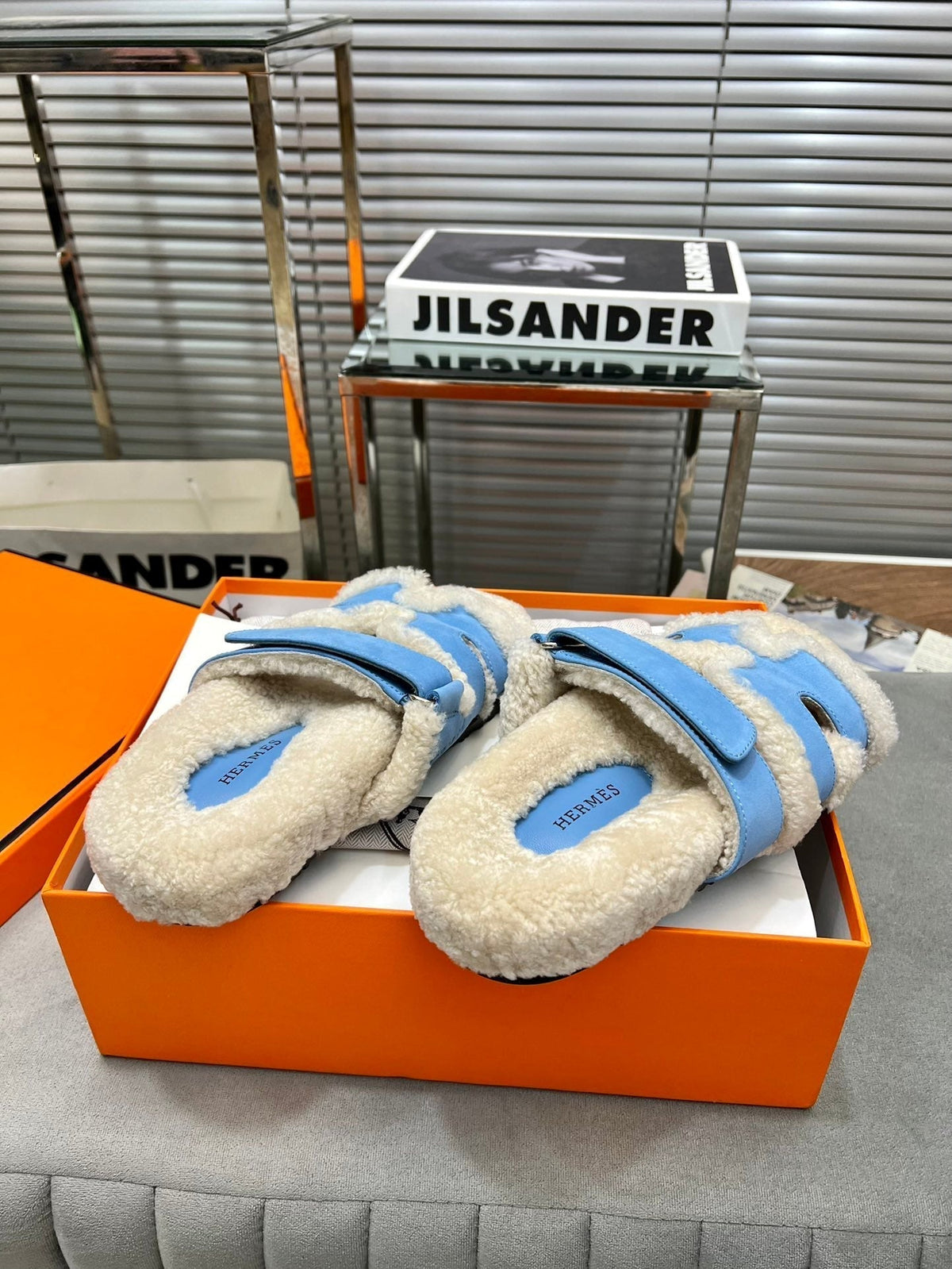 Hermes Chypre Slippers in Beige Lamb Wool and Ocean Blue Suede