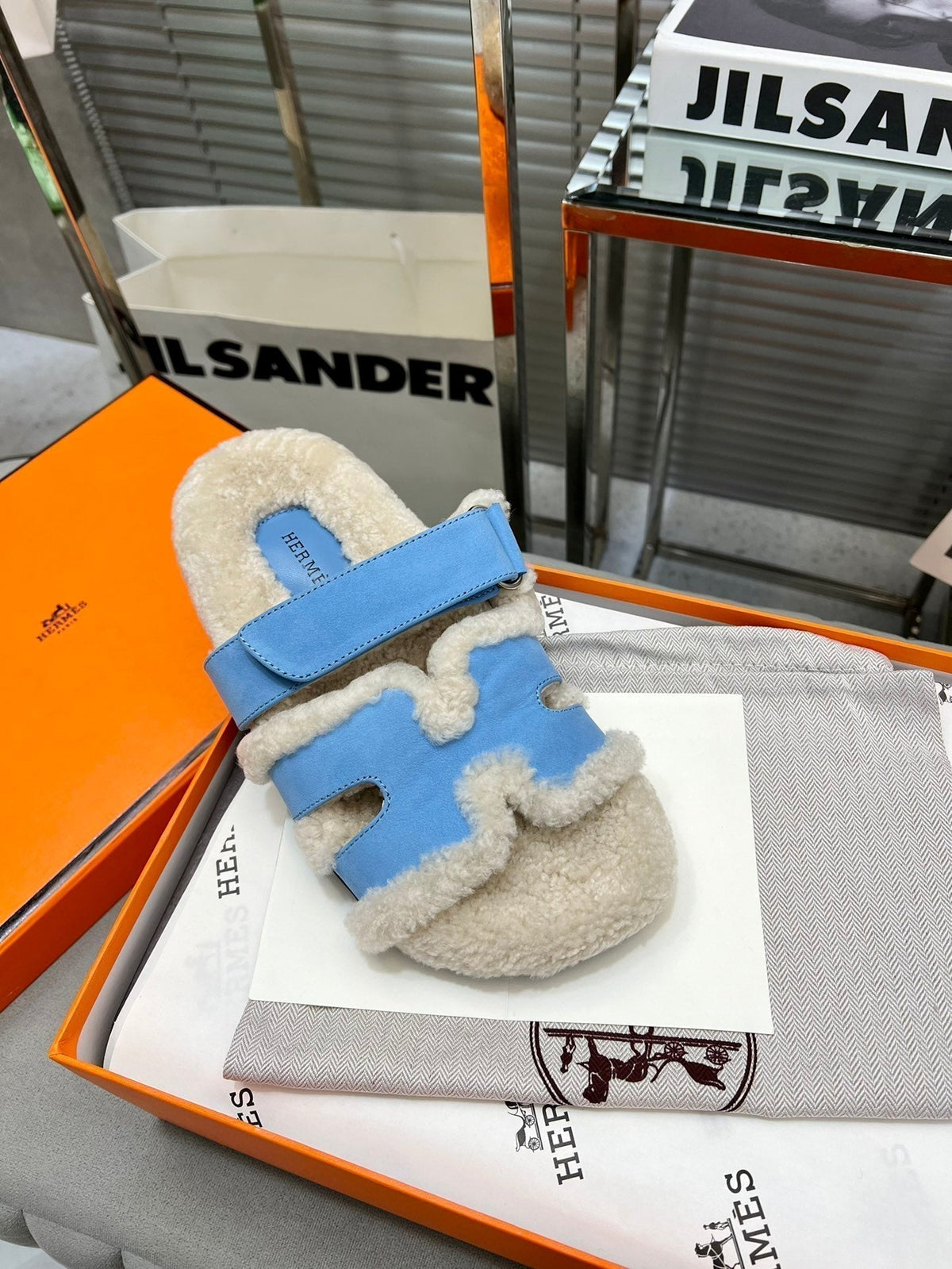 Hermes Chypre Slippers in Beige Lamb Wool and Ocean Blue Suede