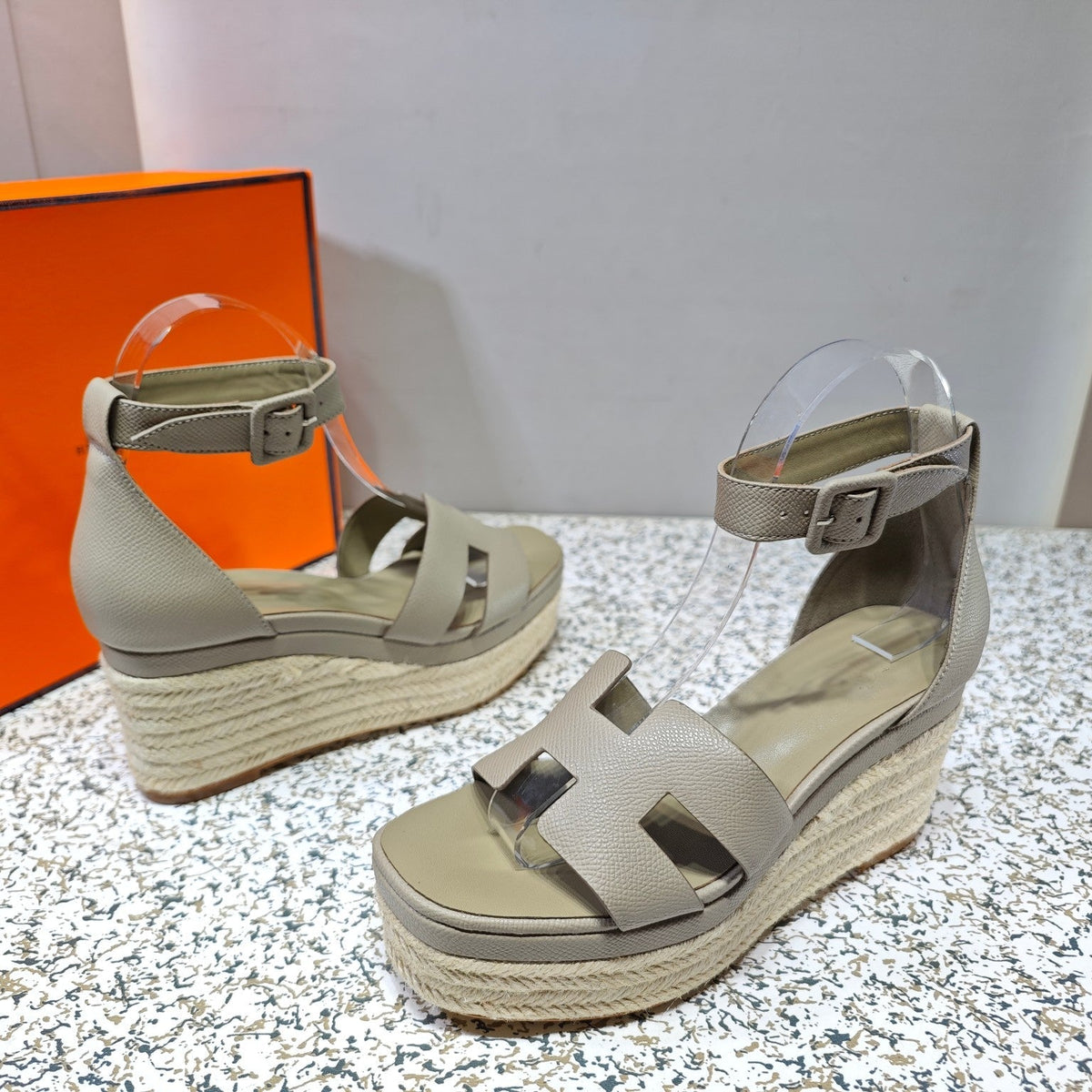 Hermes Elda Espadrille 80 Light Gray Calfskin