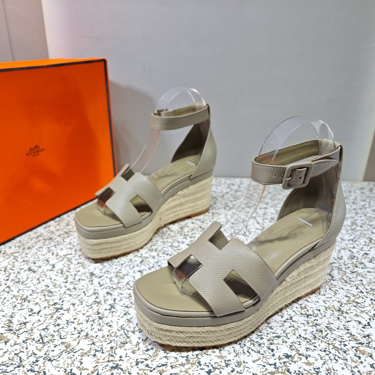 Hermes Elda Espadrille 80 Light Gray Calfskin