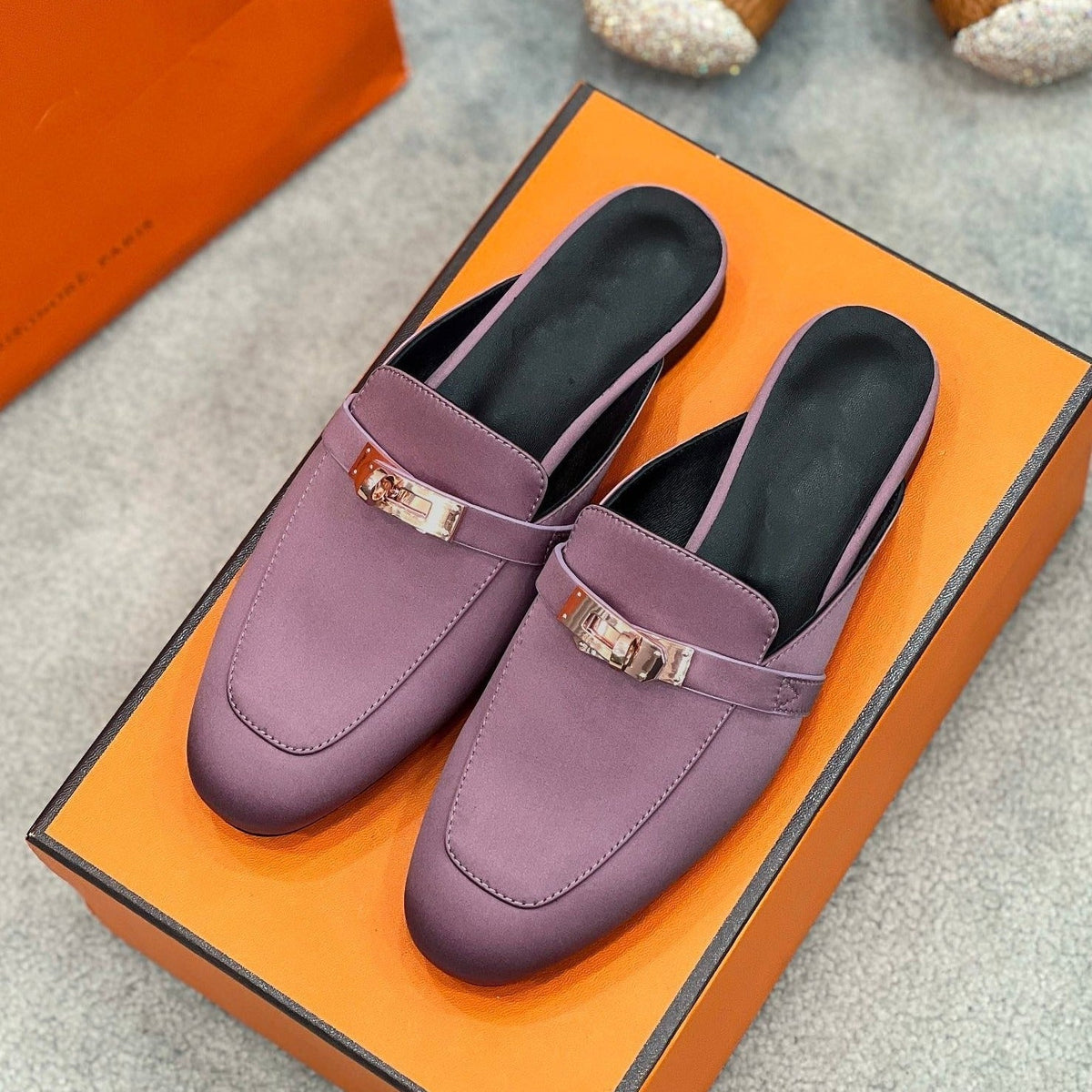 Hermes 0Z Mule Purple Silk Thick Cloth/Sheepskin