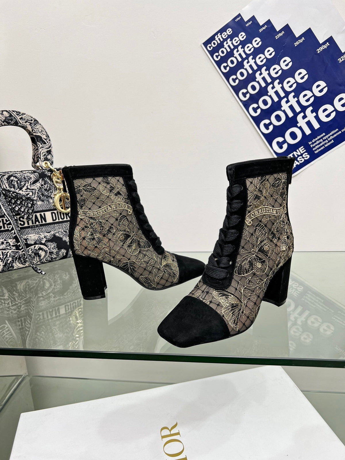 Dior 25S Naughtily-D Ankle Boots 80 mm in Black Mesh Tulle and Suede