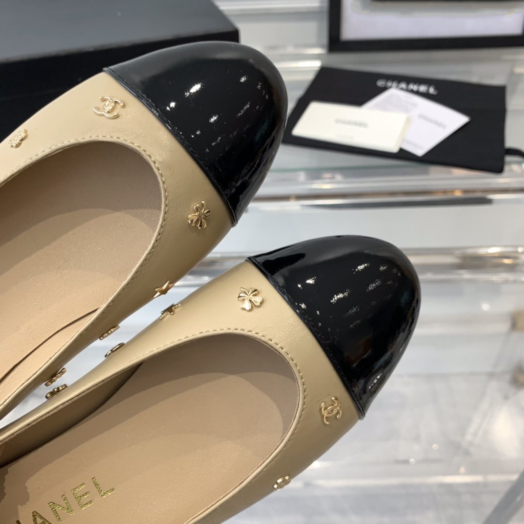 Chanel Ballet Flat Beige Black Lamskin with Multi Logo