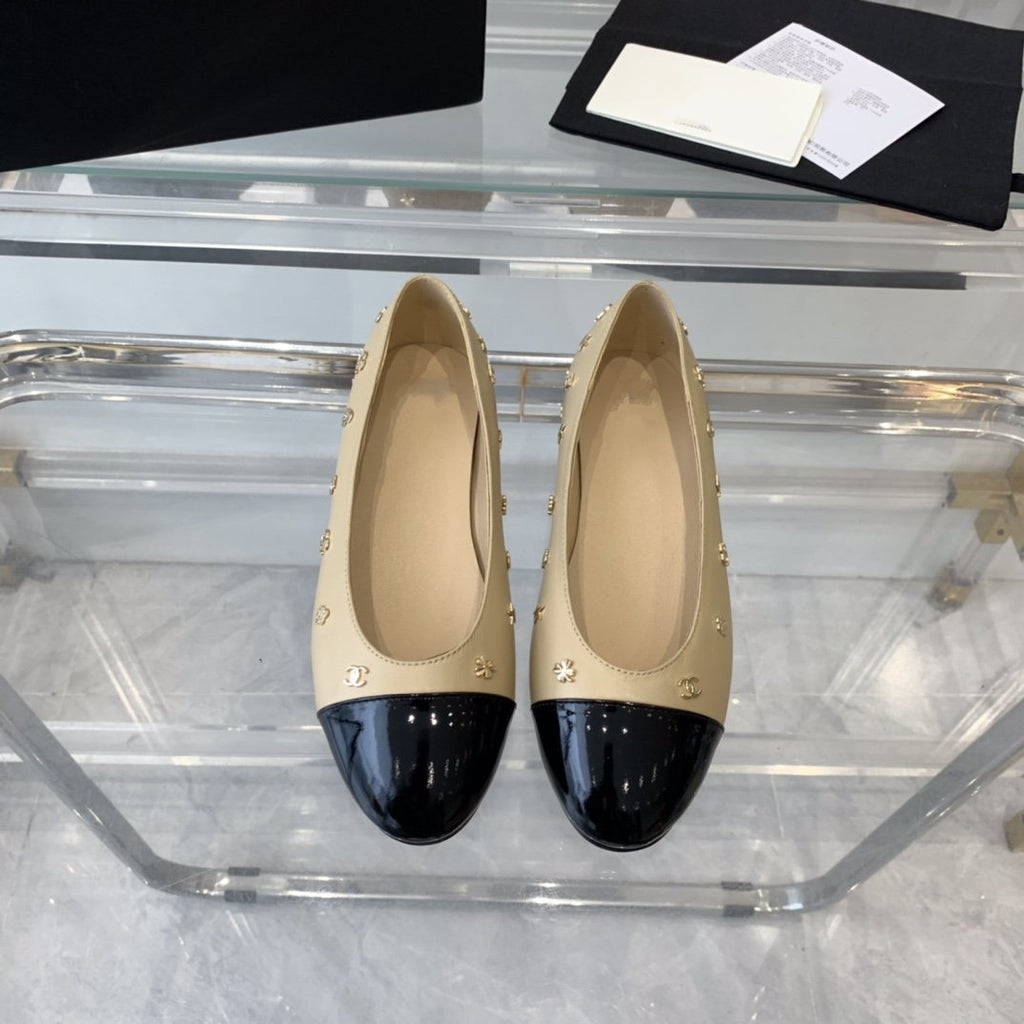 Chanel Ballet Flat Beige Black Lamskin with Multi Logo