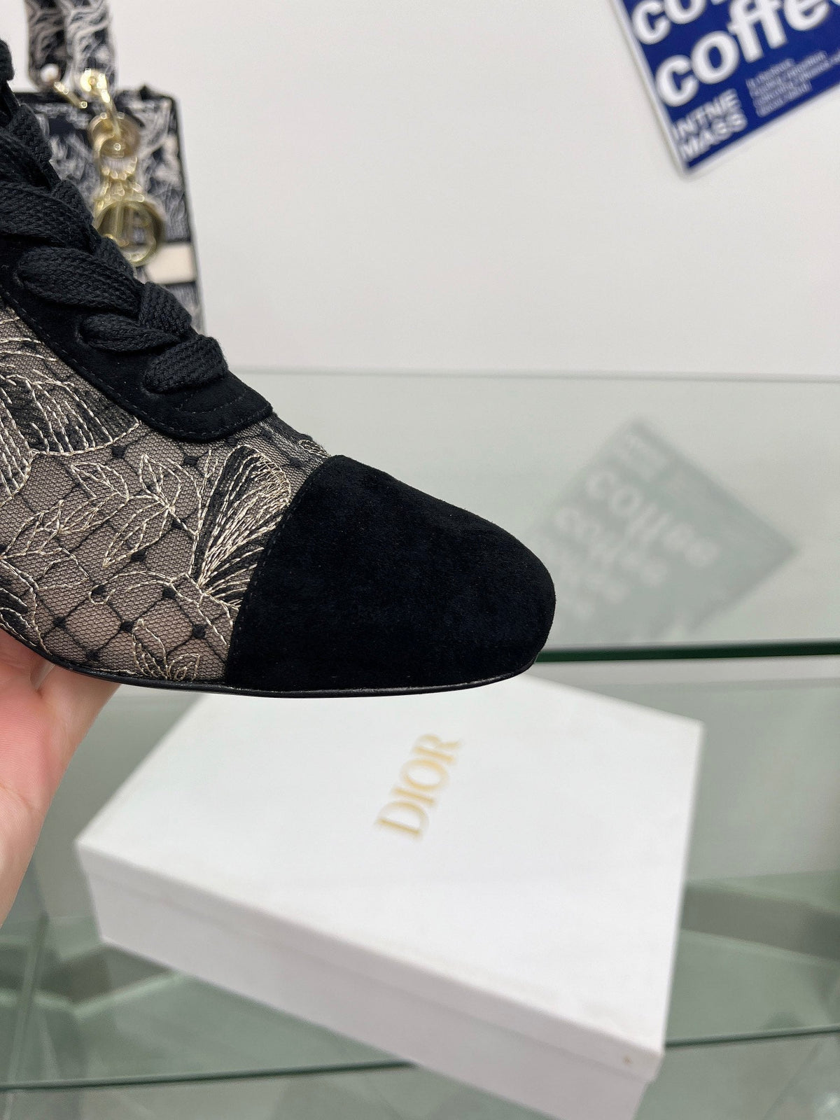 Dior 25S Naughtily-D Ankle Boots 35 mm in Black Mesh Tulle and Suede