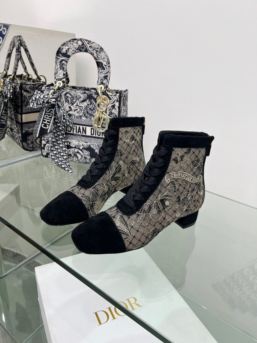 Dior 25S Naughtily-D Ankle Boots 35 mm in Black Mesh Tulle and Suede