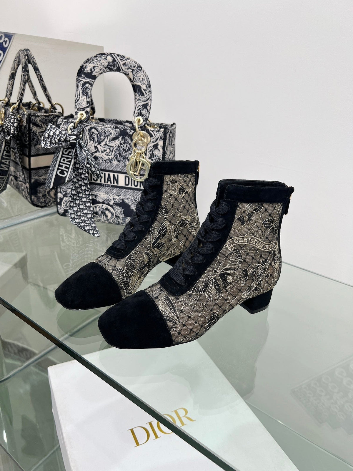 Dior 25S Naughtily-D Ankle Boots 35 mm in Black Mesh Tulle and Suede