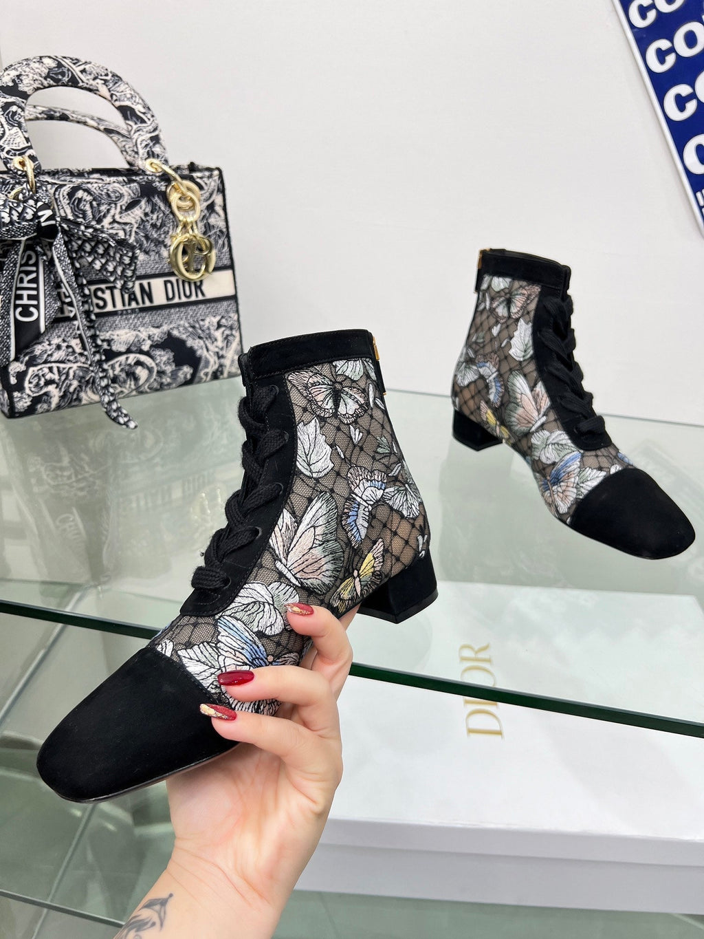 Dior 25S Naughtily-D Ankle Boots 35 mm in Black Mesh Tulle and Suede Style 3