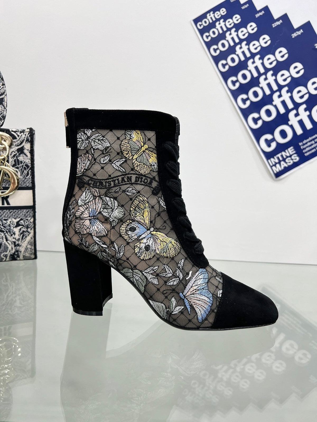 Dior 25S Naughtily-D Ankle Boots 80 mm in Black Mesh Tulle and Suede Style 2