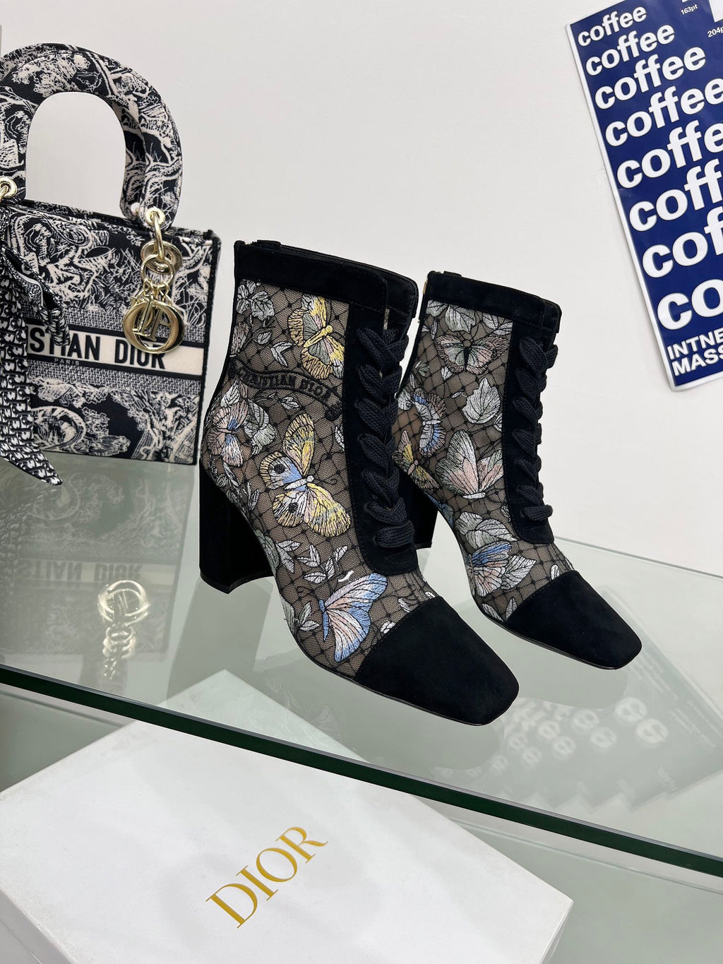 Dior 25S Naughtily-D Ankle Boots 80 mm in Black Mesh Tulle and Suede Style 2