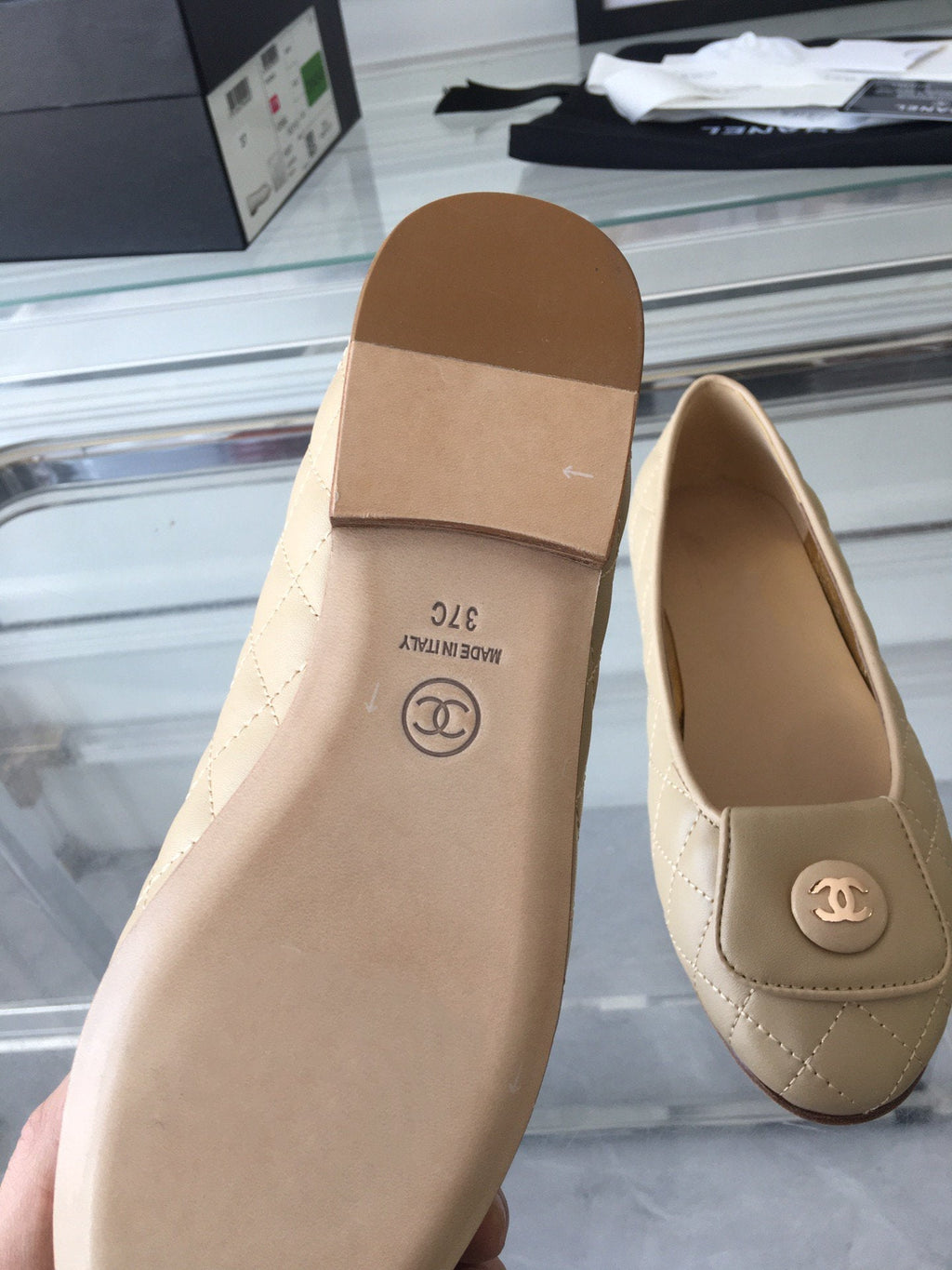 Chanel Ballet Flat Quilted Beige Gold Lock