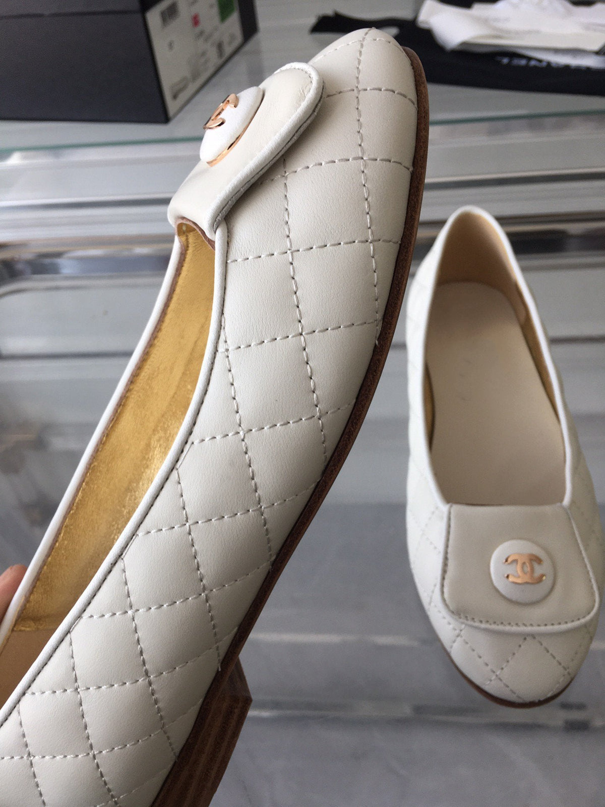 Chanel Ballet Flat Quilted White Gold Lock