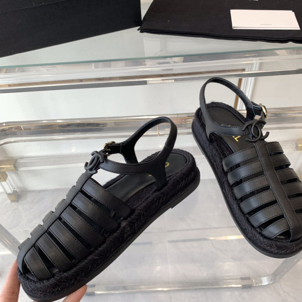 Chanel Roman Sandals All Black Lambskin