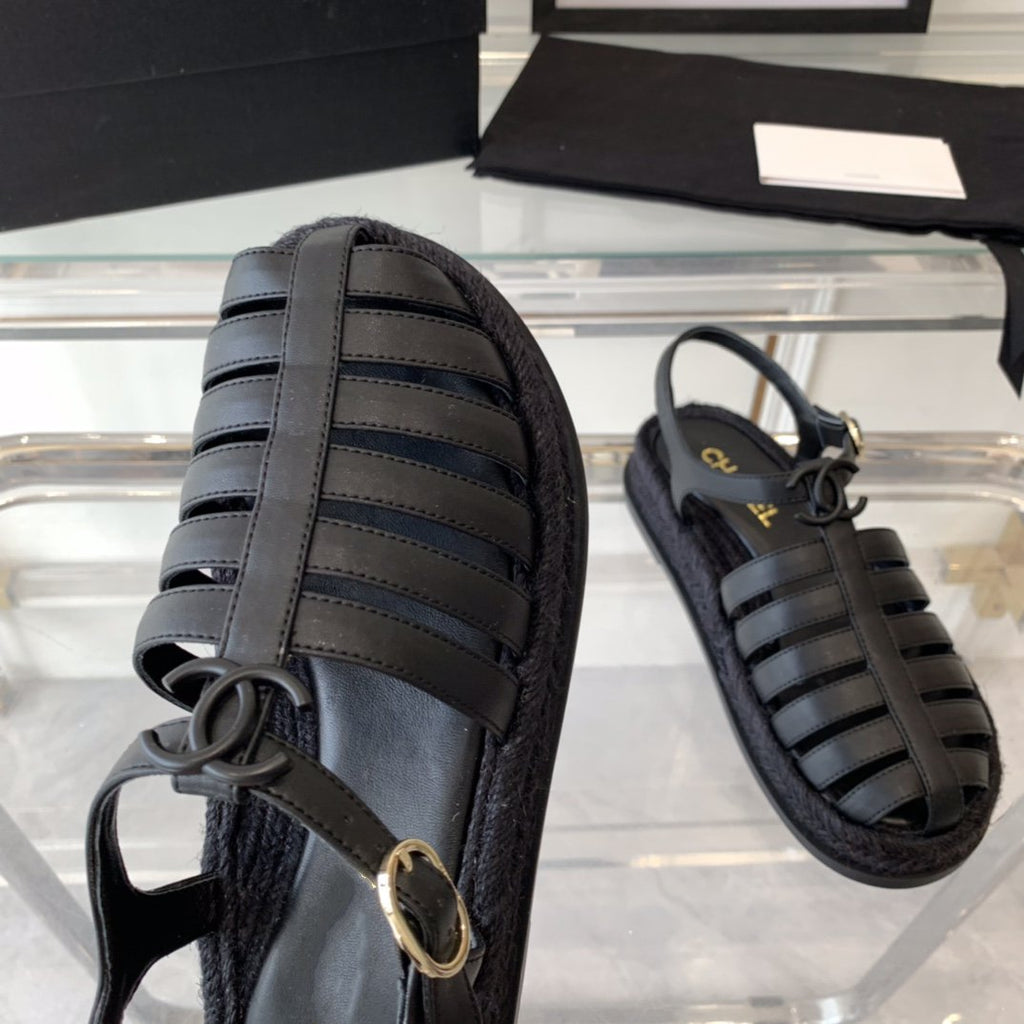 Chanel Roman Sandals All Black Lambskin
