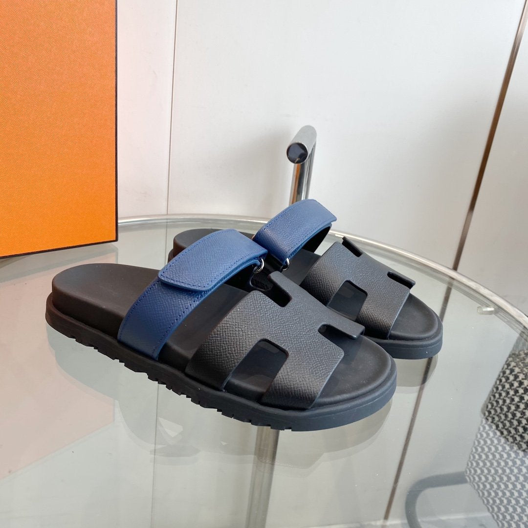 Hermes Chypre Sandal Black with Blue Straps Leather