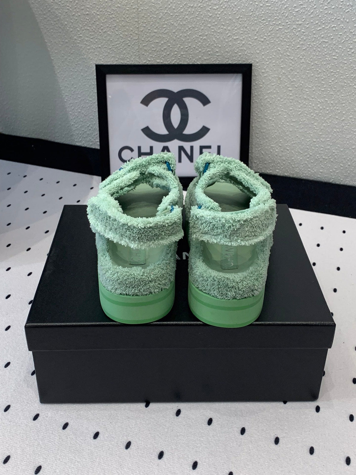 Chanel Dad Sandals Platform in Mint Green Fur