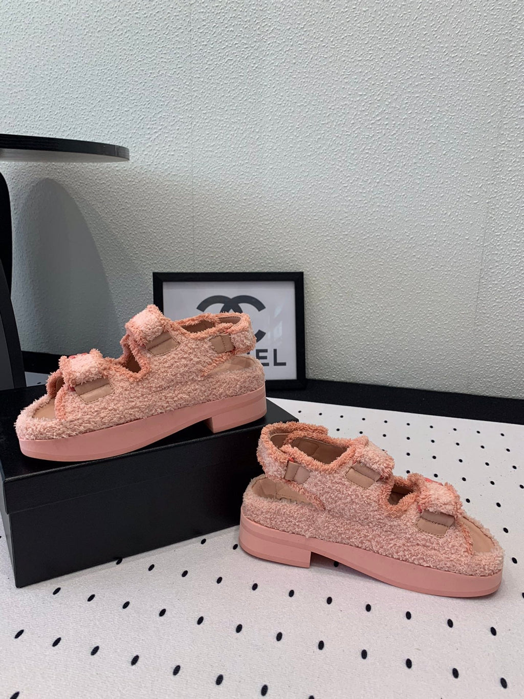 Chanel Dad Sandals Platform in Light Pink Fur