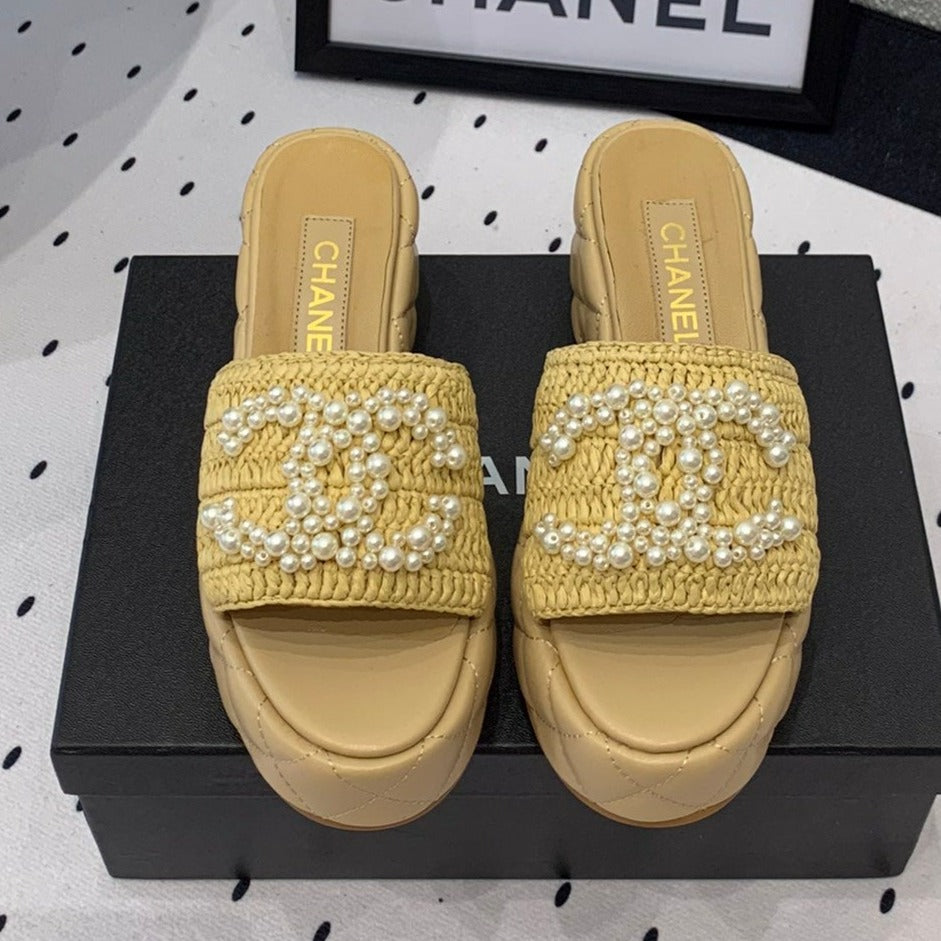 Chanel Double Pearl Platform Sandals Sheepskin Fawn Yellow