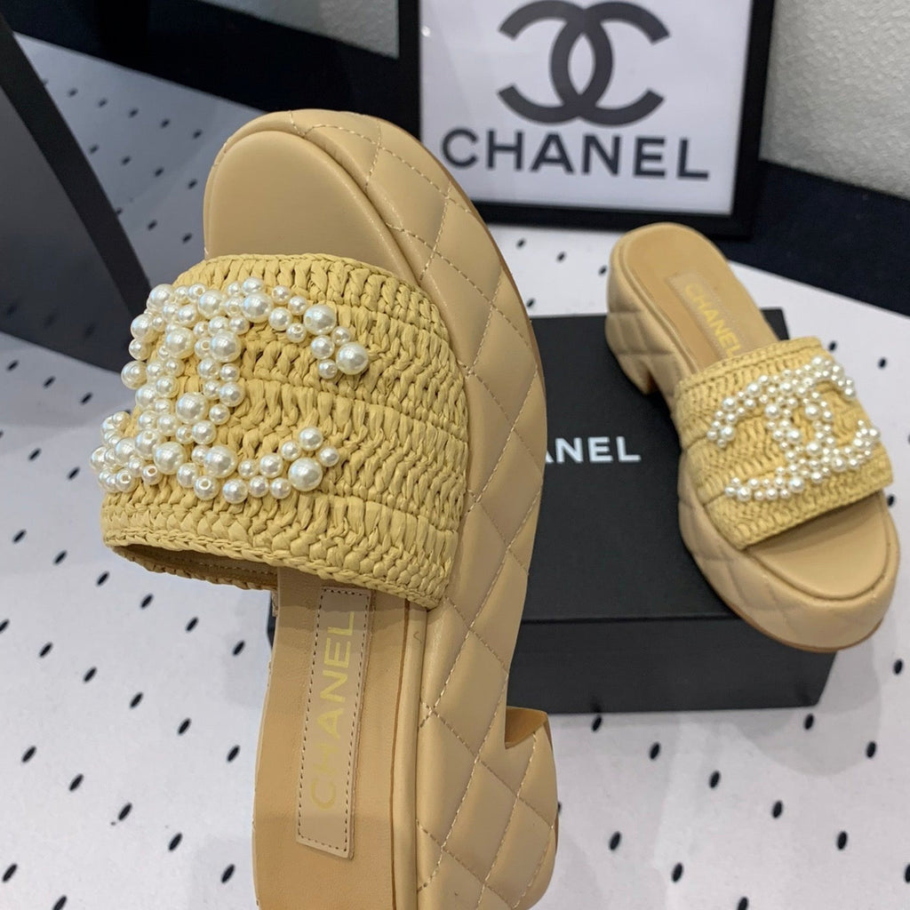 Chanel Double Pearl Platform Sandals Sheepskin Fawn Yellow