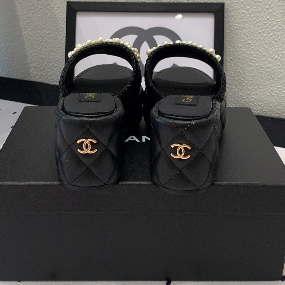 Chanel Double Pearl Platform Sandals Sheepskin Black