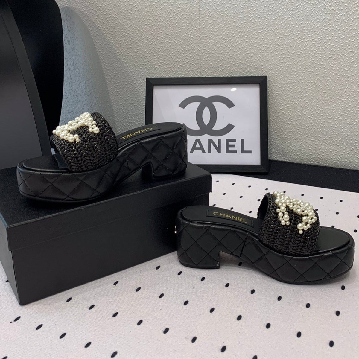 Chanel Double Pearl Platform Sandals Sheepskin Black