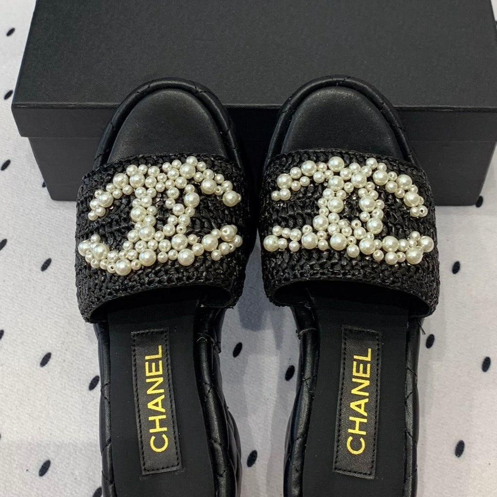 Chanel Double Pearl Platform Sandals Sheepskin Black