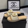Chanel Double Women New Trendy Calfskin Slippers Beige Cream