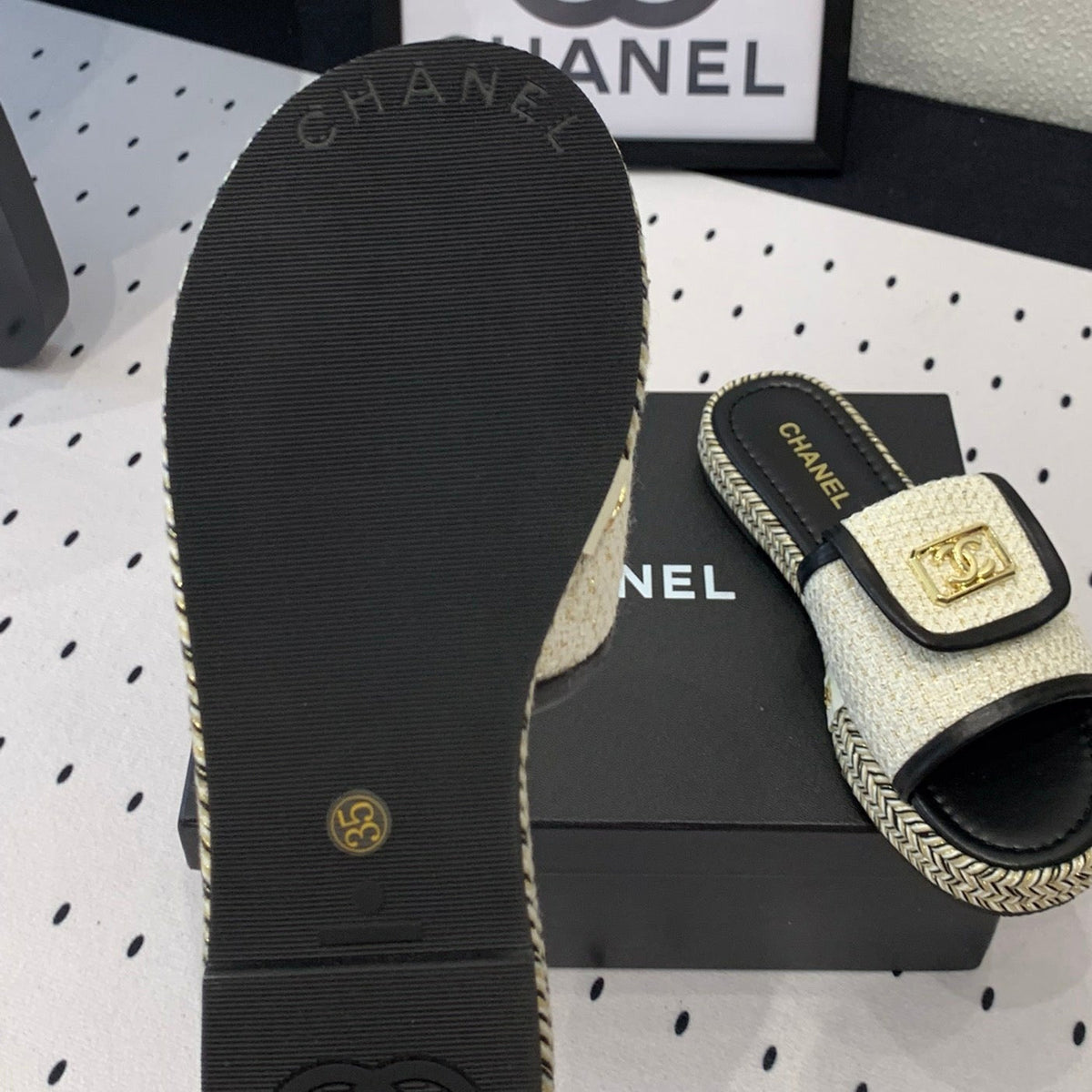 Chanel Double Women New Trendy Calfskin Slippers White Black