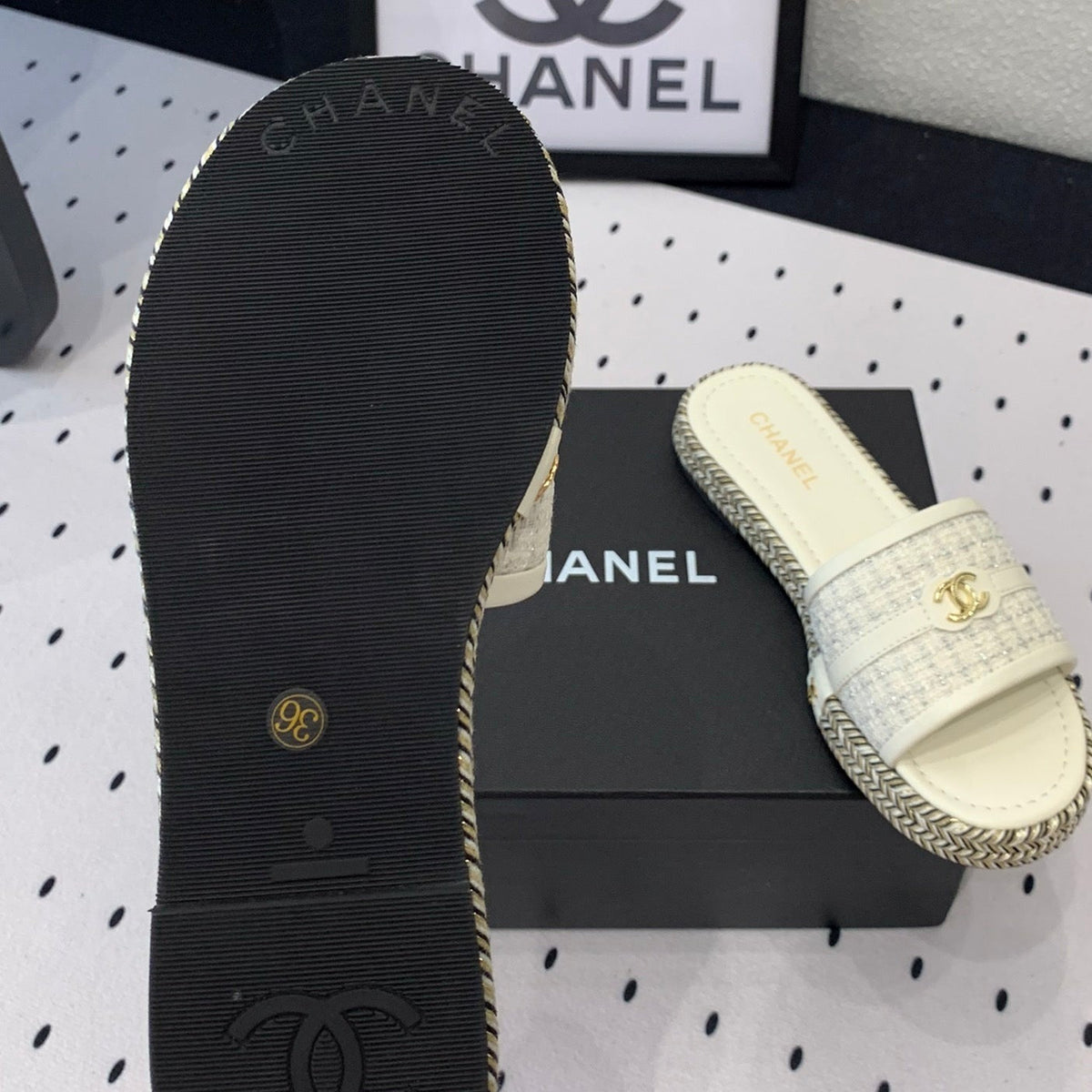 Chanel Double Women White Slippers Calfskin