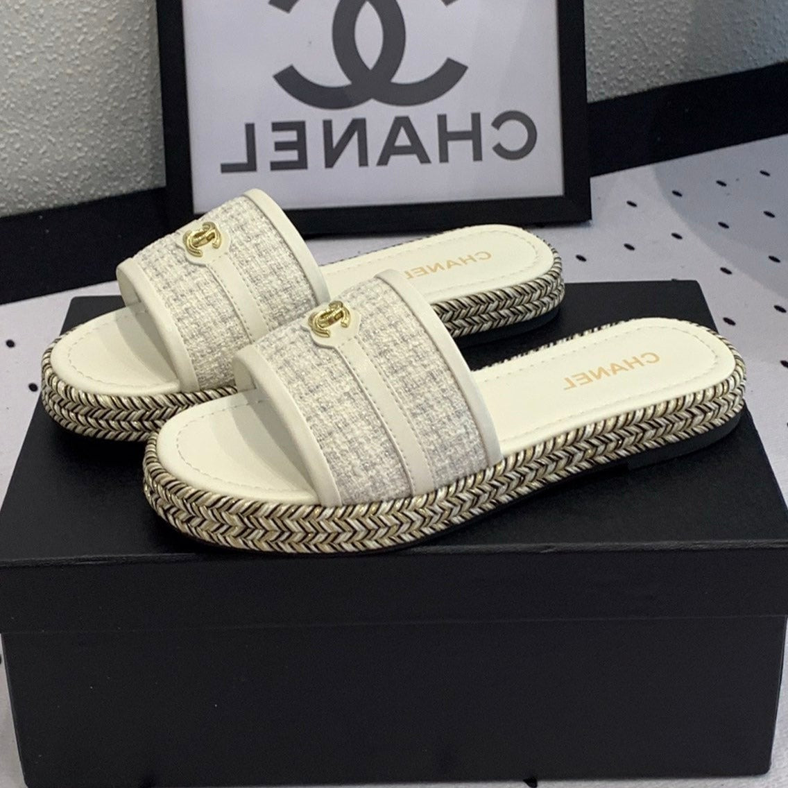 Chanel Double Women White Slippers Calfskin