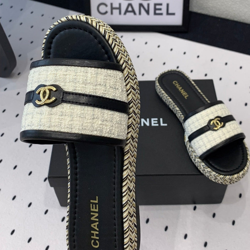 Chanel Double Women White Black Slippers Calfskin