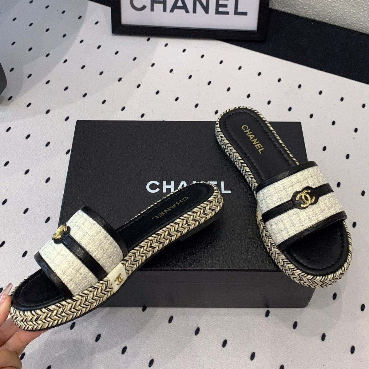 Chanel Double Women White Black Slippers Calfskin