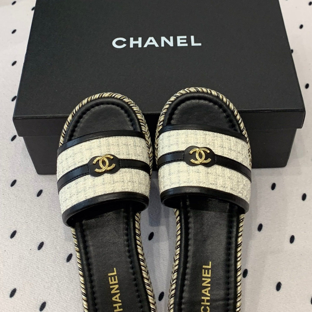 Chanel Double Women White Black Slippers Calfskin