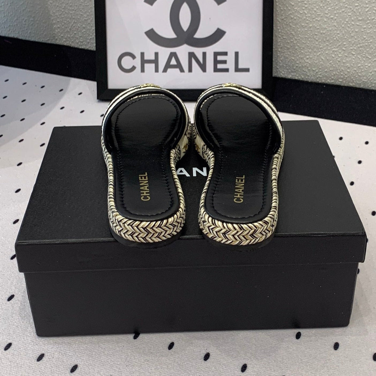 Chanel Double Women White Black Slippers Calfskin