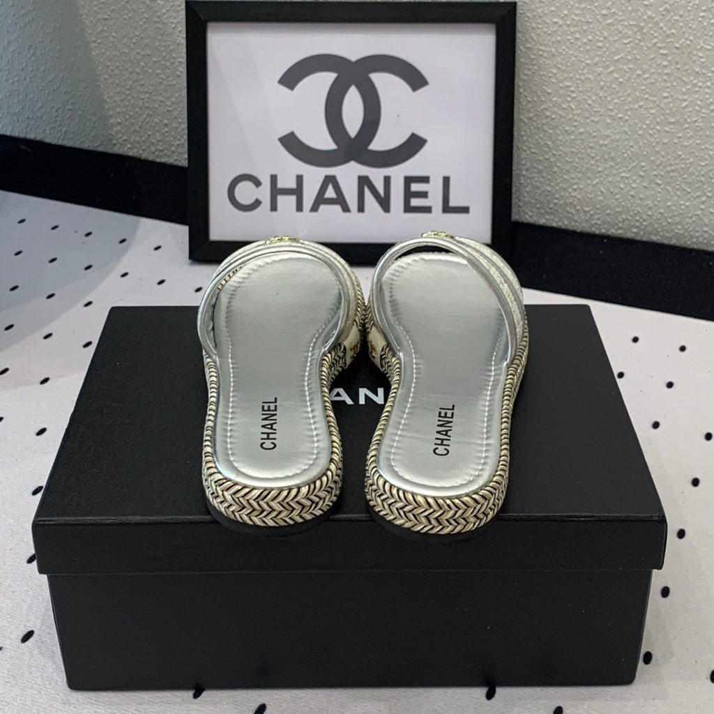 Chanel Double Women Silver Slippers Calfskin