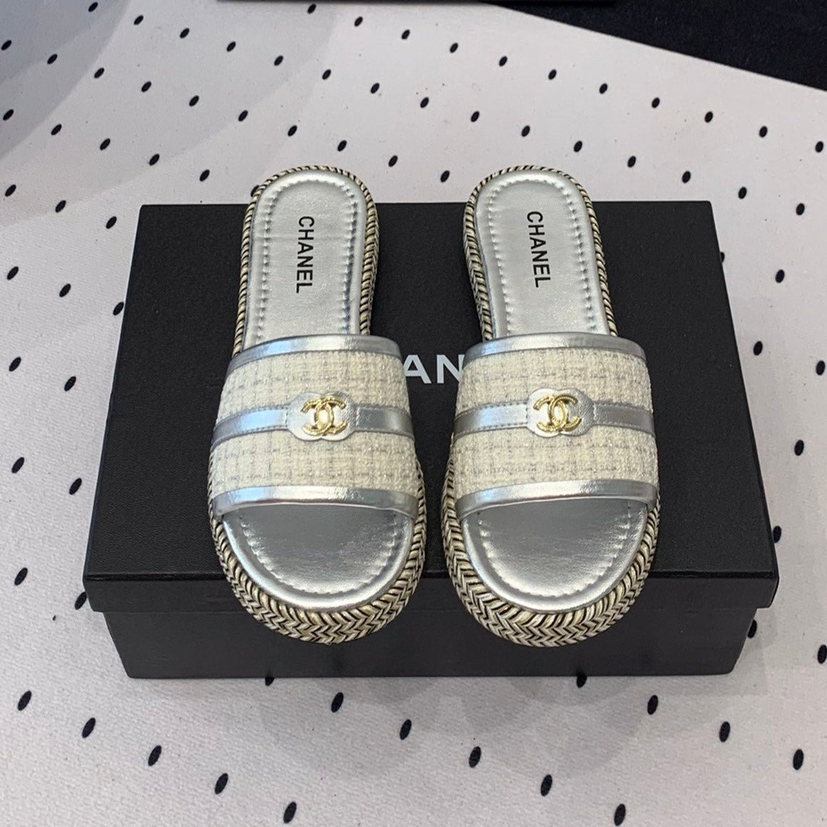 Chanel Double Women Silver Slippers Calfskin